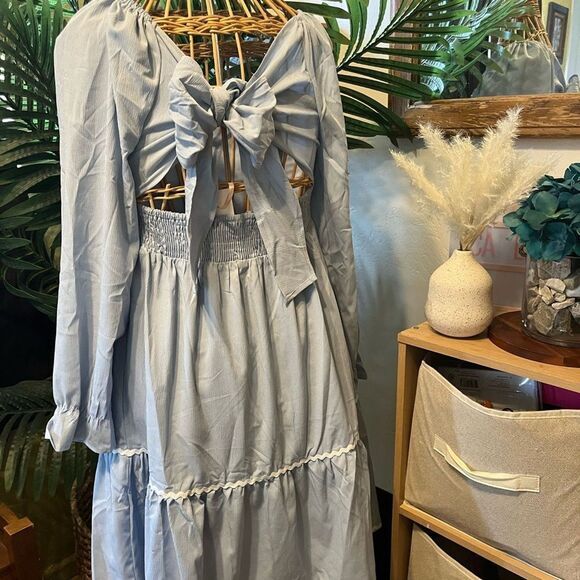 Light Blue Long Sleeve Dress 12T Tiered Ruffle Detail Square Neck Elegant Style - Picture 5 of 14